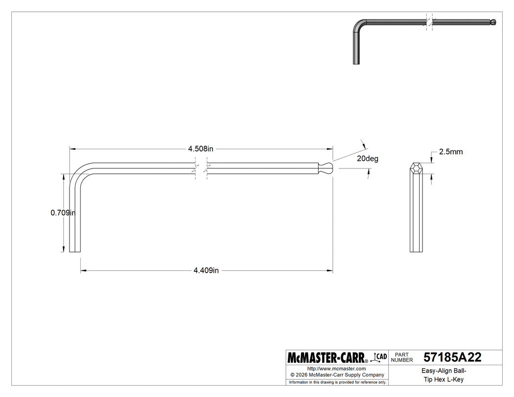 Technical Drawing of Black-Oxide Alloy Steel Easy-Align Ball-Tip L-Key, 2.5 mm Hex Drive Size, 4-9/16" Overall Length.